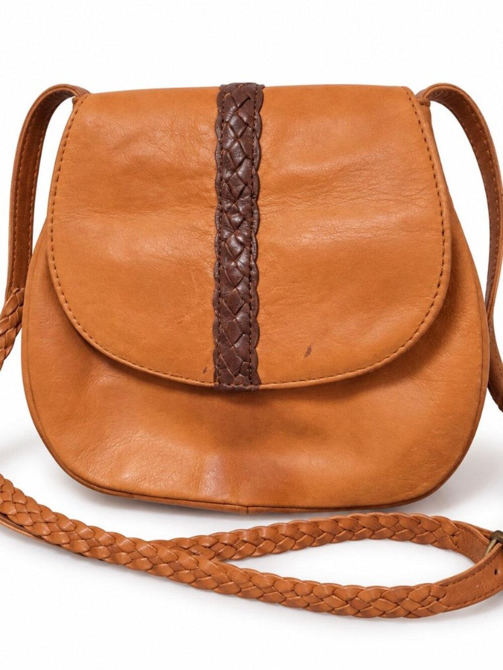 Elf Small Tan Leather Purse Braided Straps Woven Flap Detail